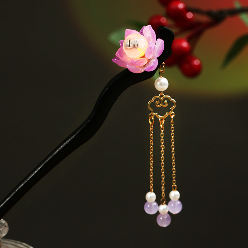 Chinese Luminous Lotus Tassel Hair Clasp Blackwood Niche Updo Hair Clasp Hanfu Hairpin