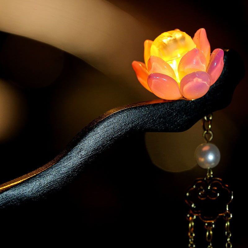 Chinese Luminous Lotus Tassel Hair Clasp Blackwood Niche Updo Hair Clasp Hanfu Hairpin