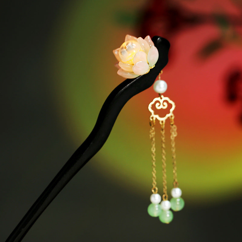 Chinese Luminous Lotus Tassel Hair Clasp Blackwood Niche Updo Hair Clasp Hanfu Hairpin