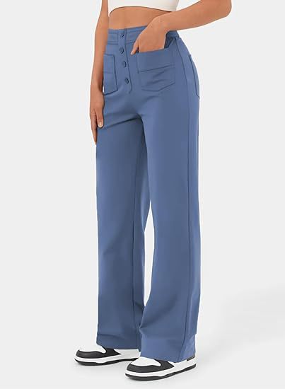 New Fall Women's Clothing High Waist Pocket Wide Leg Button Casual Baggy Straight Trousers Trousers
