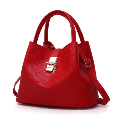 Women's bag shoulder bag thickening lychee pattern PU portable bucket bag women's mother Europe and America thick shoulder Messenger bag