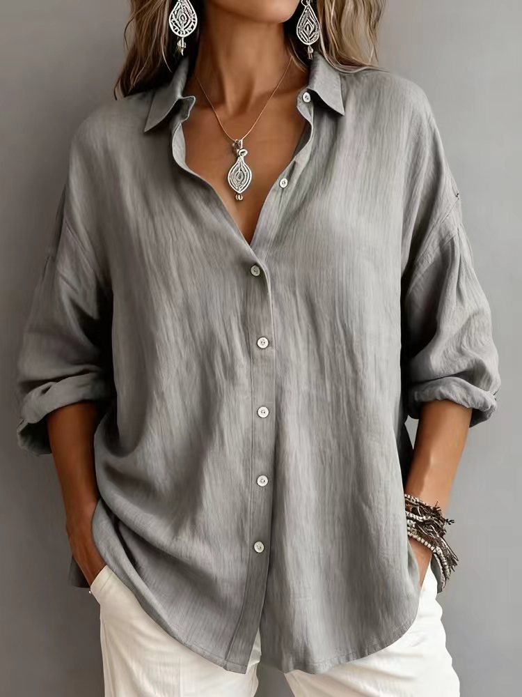 Fashionable Solid-color Long-sleeve Lapel Cardigan Shirt