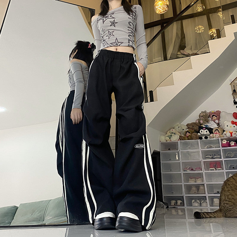 American Style Retro Workwear Three Bars Straight-leg Pants Women's