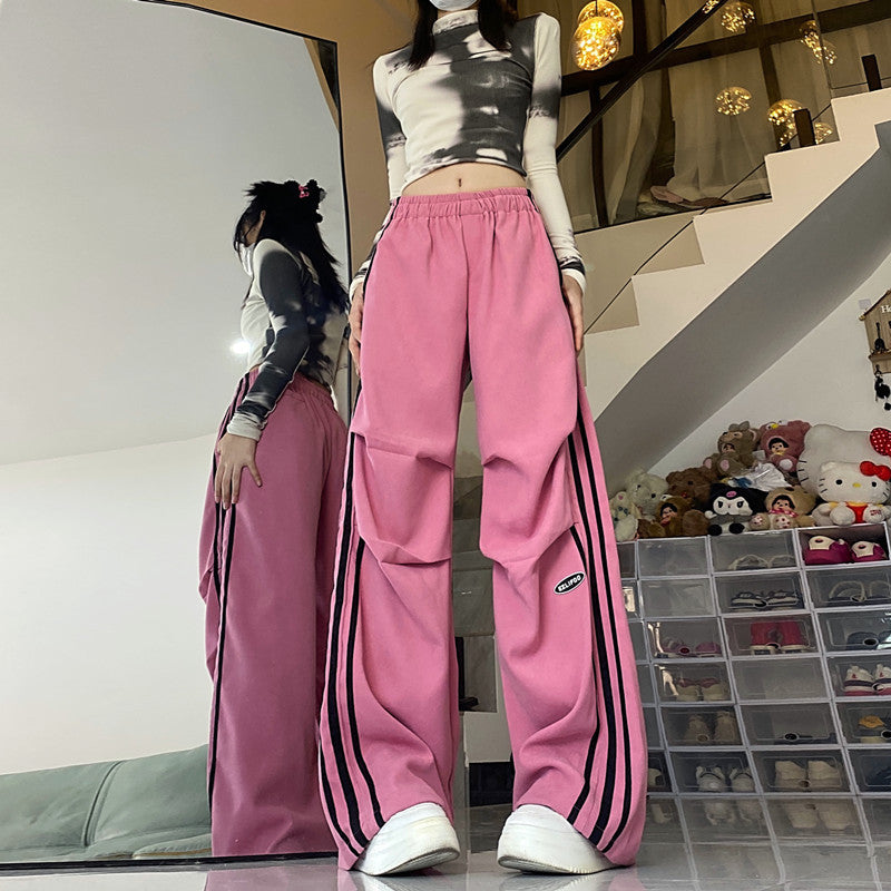 American Style Retro Workwear Three Bars Straight-leg Pants Women's