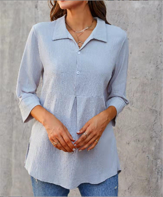 Solid-color Lapel-neck Slit Peplum Three-quarter-sleeve Womens Shirt