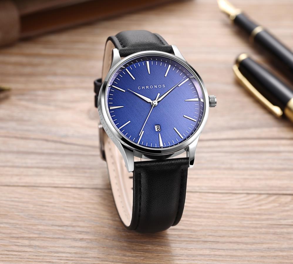 Men's Business Watch Vacuum Plating Stainless Steel Leather Strap Calendar Waterproof Watch