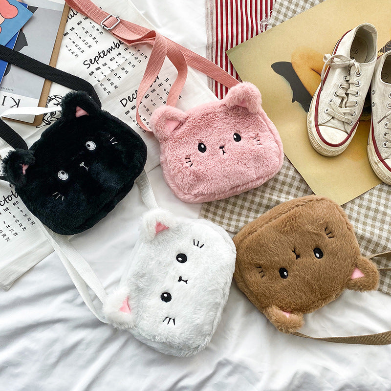 Personalized Embroidery Cute Plush Cat Messenger Bag