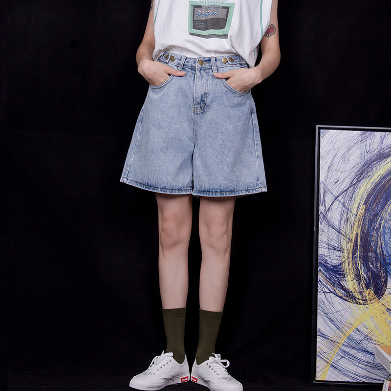 Summer new denim shorts female chic loose thin wide leg high waist hot pants