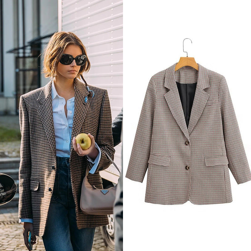 Suit Collar Plaid Casual Long Sleeve Coat