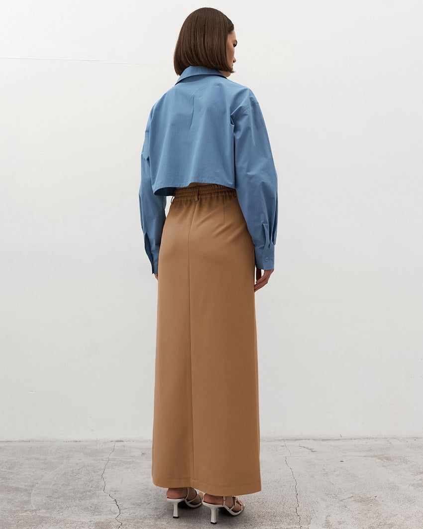 French Style Khaki Slimming And Straight Skirt Women's Commuter Drape Slit Dress