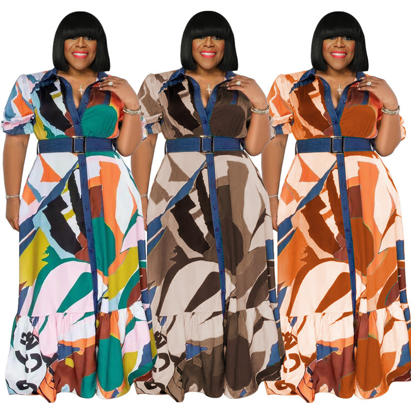 Color Printing Includes Belt Loose Plus Size Women's Clothing Dress