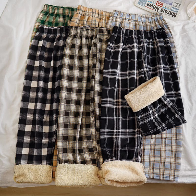 Fleece Cashmere Plaid Wide-leg Casual Pants
