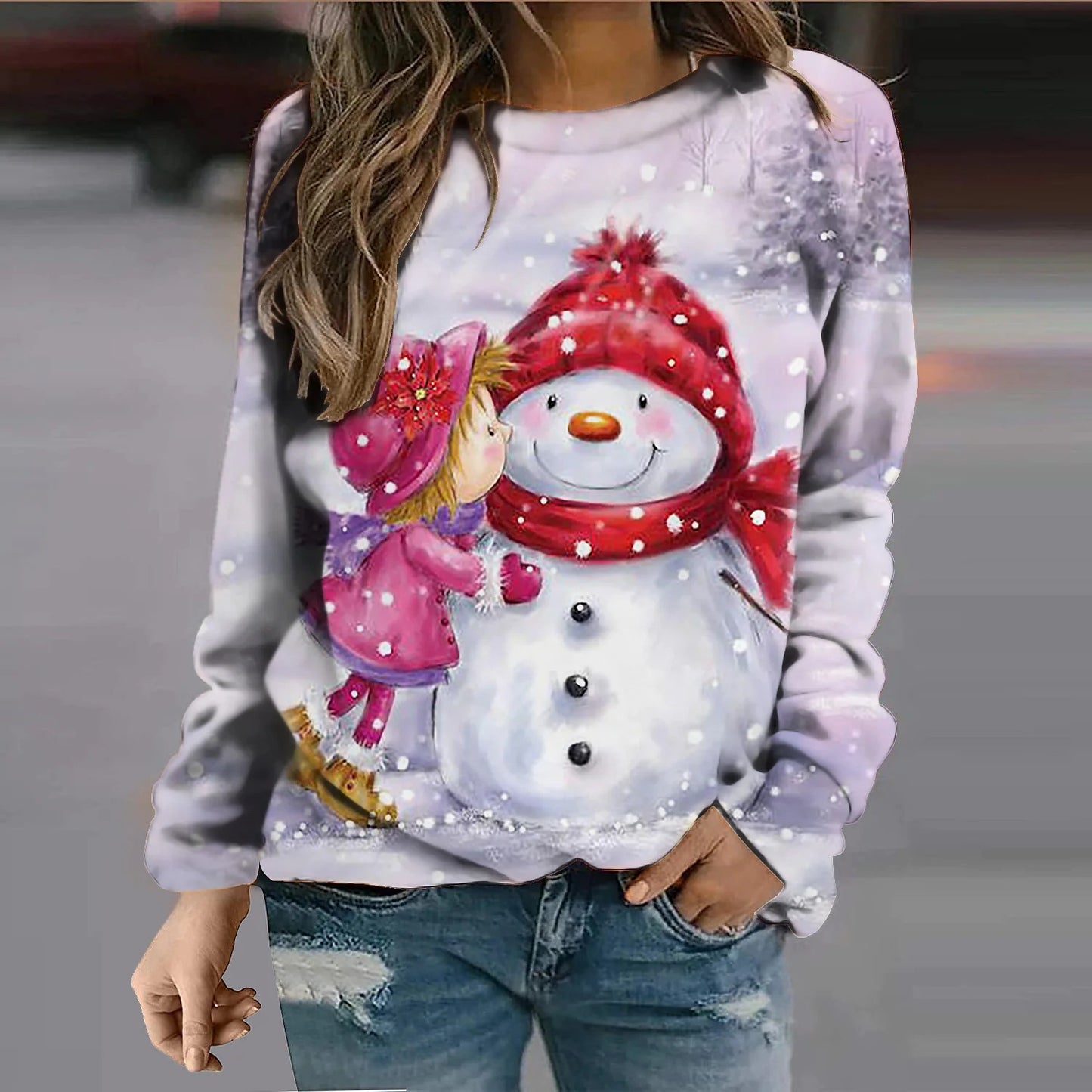 European And American Snowman Printed Crew Neck Sweatshirt