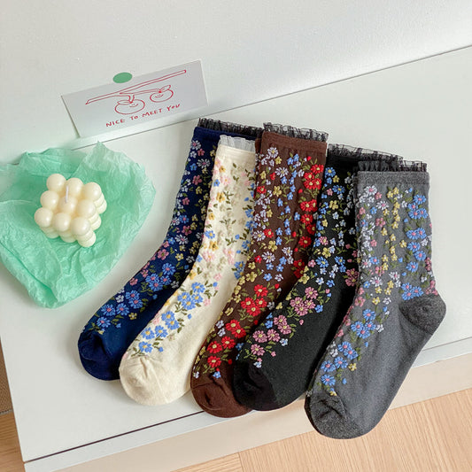 Ethnic Style Retro Embossed Jacquard Mid Tube Cotton Women's Socks