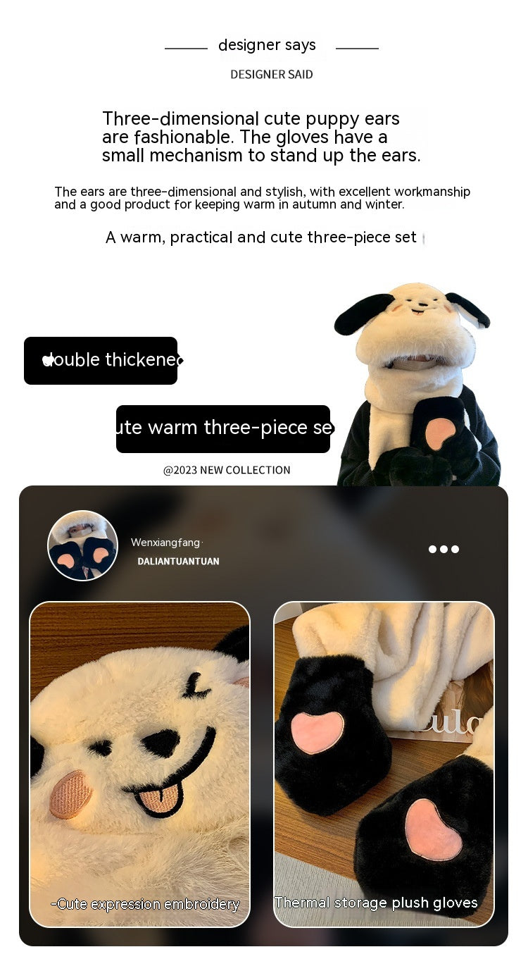 Cute Dog Winter Thickened Fleece Hat Scarf Gloves Integrated