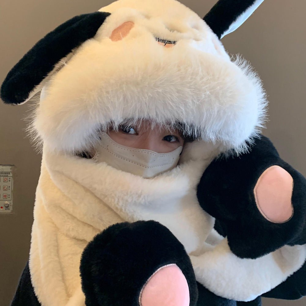 Cute Dog Winter Thickened Fleece Hat Scarf Gloves Integrated