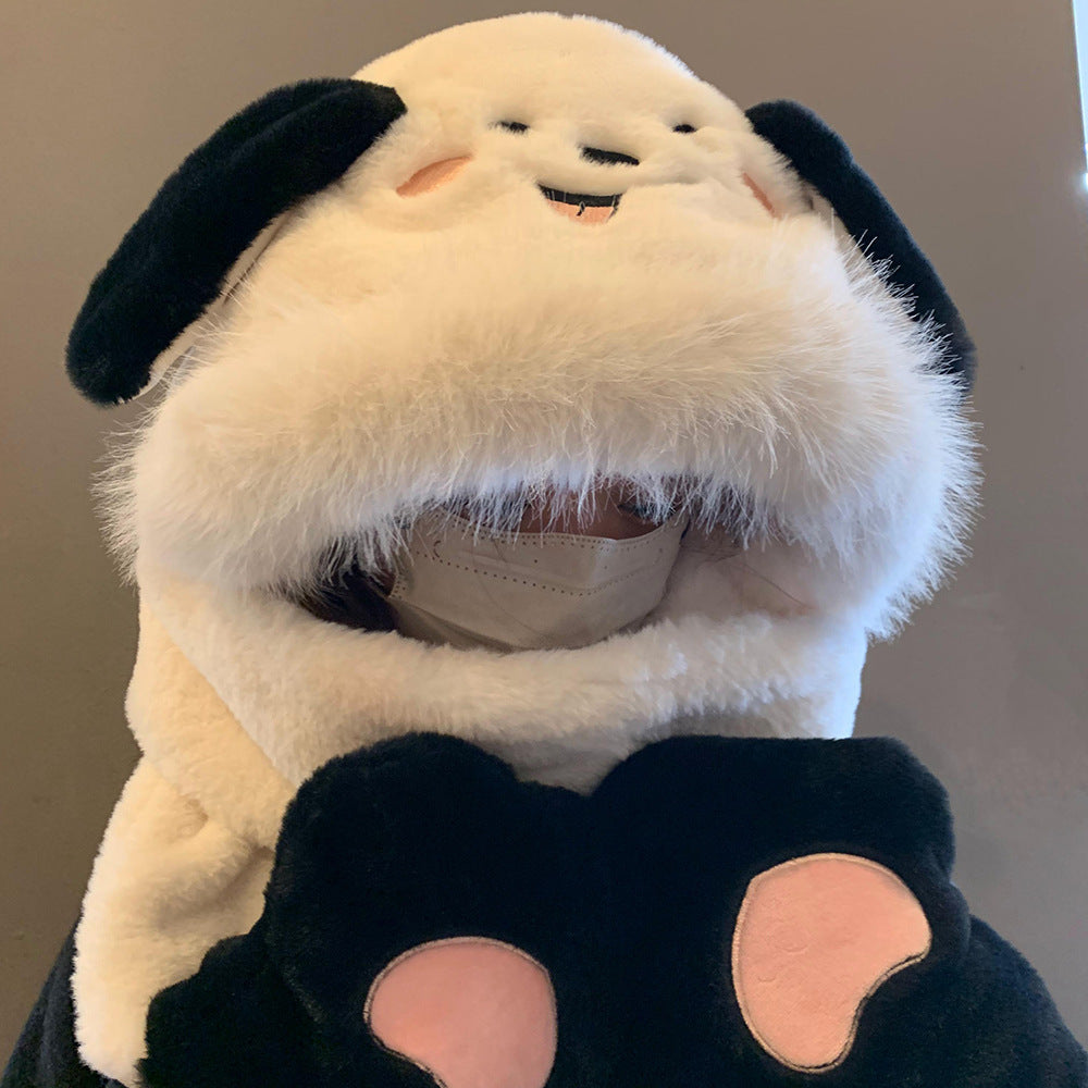 Cute Dog Winter Thickened Fleece Hat Scarf Gloves Integrated