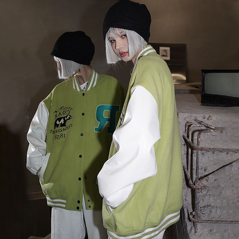 Patchwork PU Leather Embroidered Baseball Uniform Loose Top