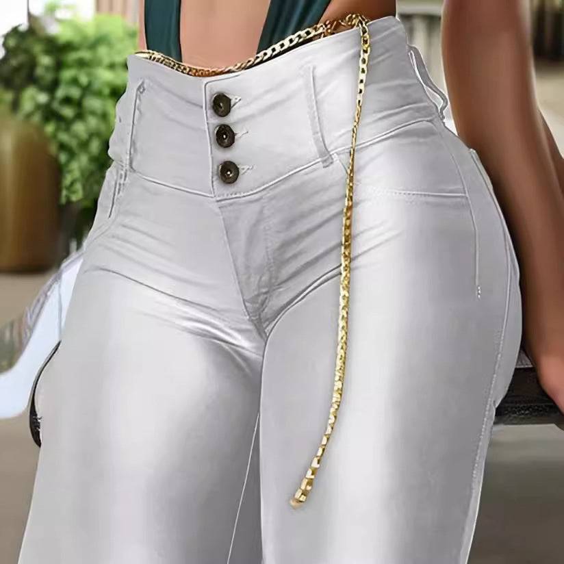 High Waist Pure Color Pu Bag Design Tight Trousers