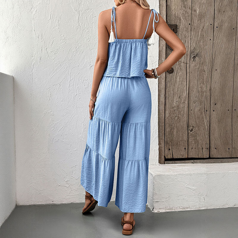 Strappy Top And Wide-leg Pants Textured Resort Set
