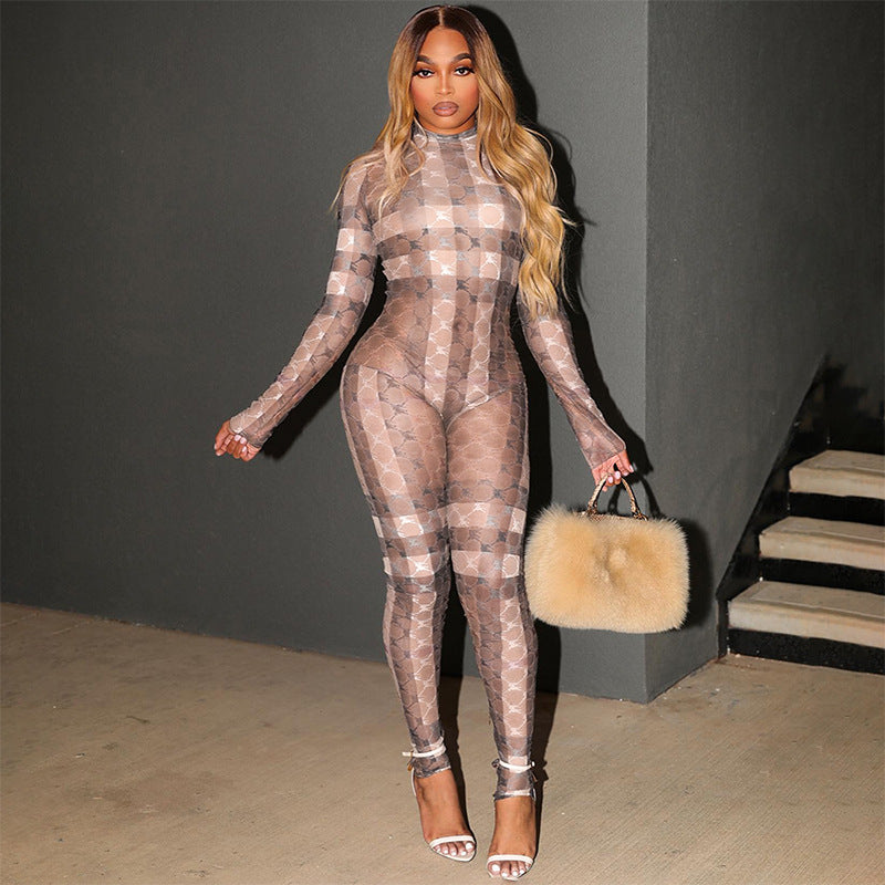 Women's Fashion Printing Tight Round Neck Long Sleeve Jumpsuit