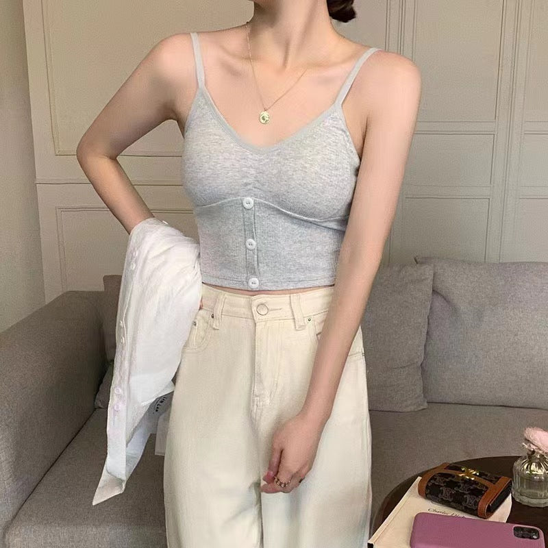 Button Solid Color Camisole Cotton Vest Girl