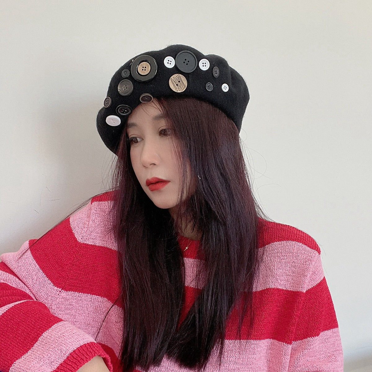 Personalized Yupi Wool Beret Trendy Colorful Button Niche Ladies