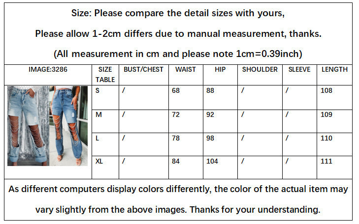Big Ripped Jeans Women's Chain Ornaments Straight-leg Pants