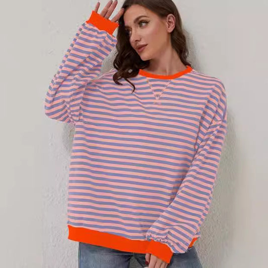 Stribet Rundhalset Kontrastfarvet Løs Langærmet Sweatshirt