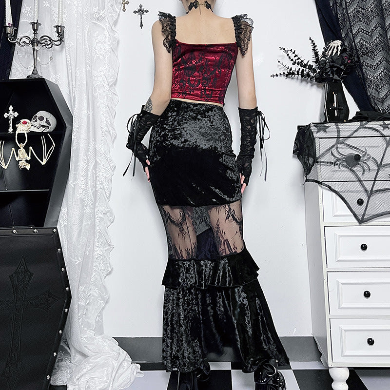 See-through Embossed Dress Dark Style Elegant Suede Lace Stitching Skirt