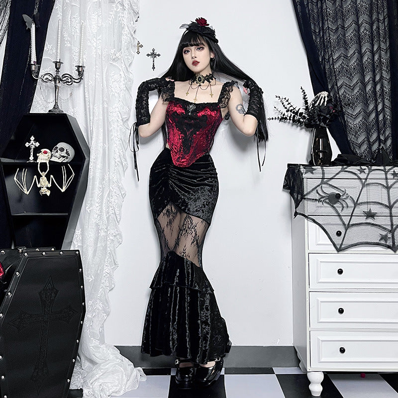 See-through Embossed Dress Dark Style Elegant Suede Lace Stitching Skirt