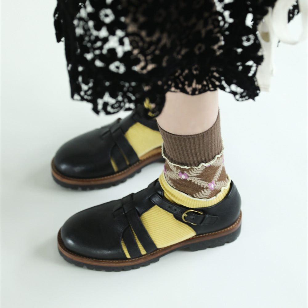 Floral Three-dimensional Relief Stitching Mixed Material Retro Spring Ladies Loose Socks