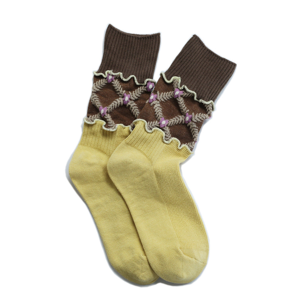 Floral Three-dimensional Relief Stitching Mixed Material Retro Spring Ladies Loose Socks