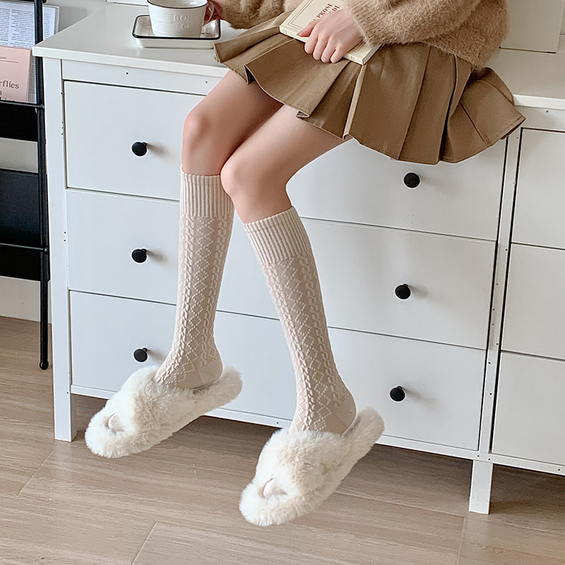 Autumn And Winter Thick Warm Hemp Pattern Solid Color Knee-length Cashmere Socks
