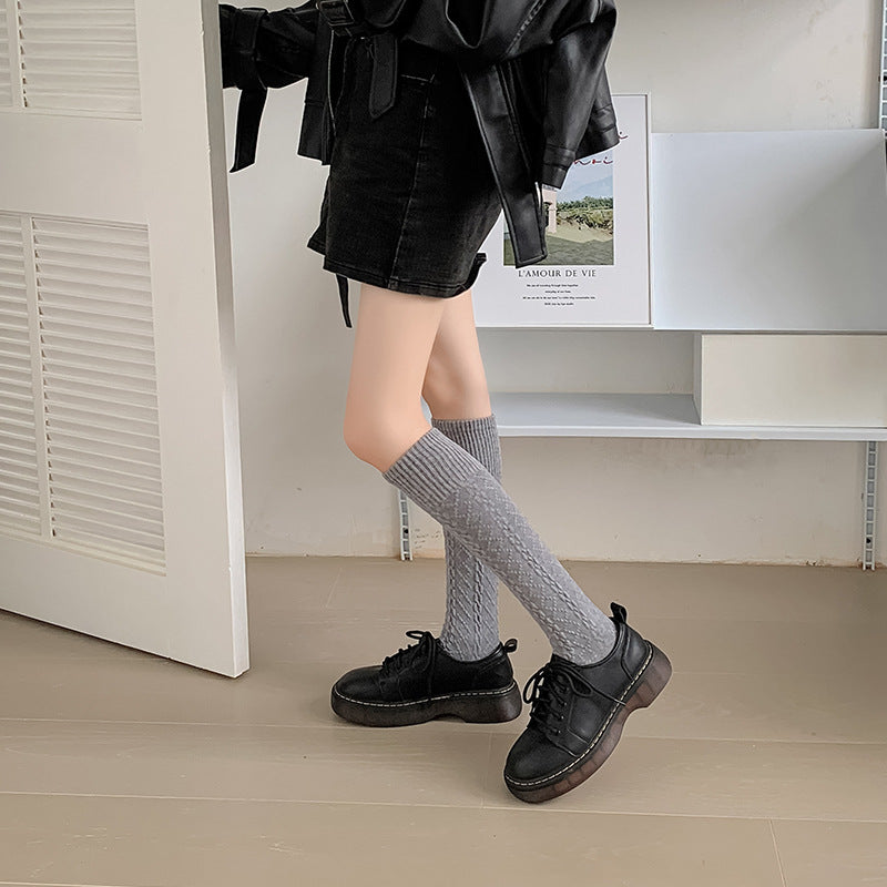 Autumn And Winter Thick Warm Hemp Pattern Solid Color Knee-length Cashmere Socks