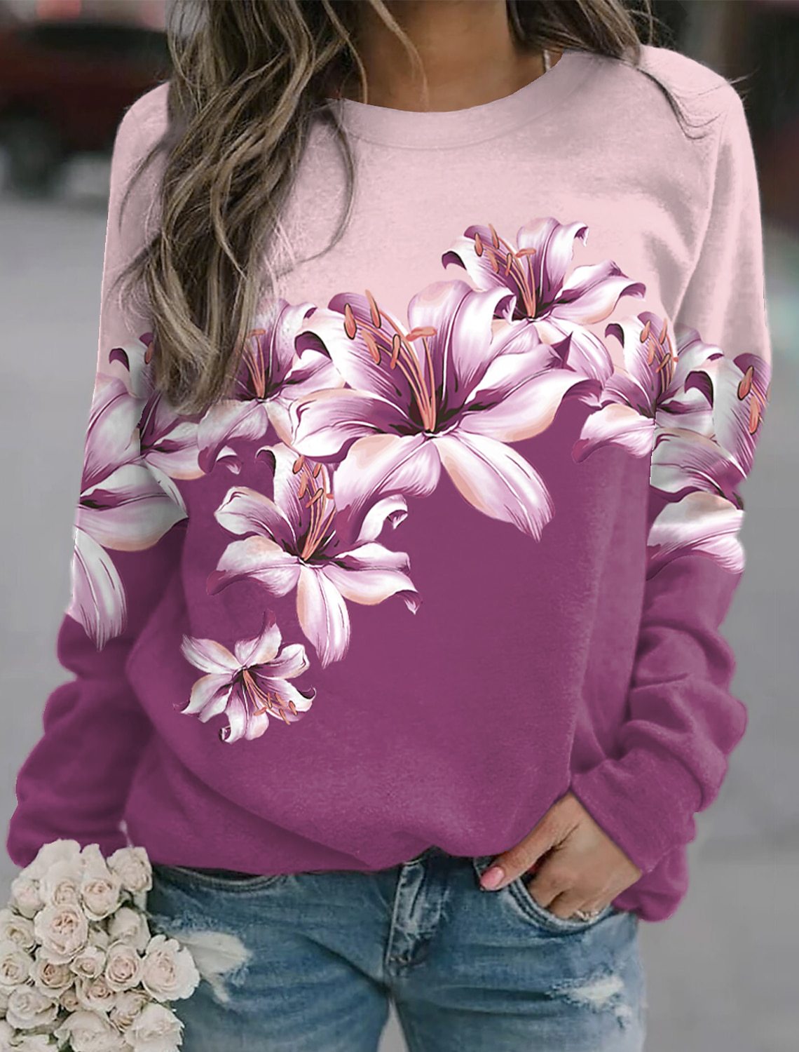 Dame pullover, printet, sport, rund hals, lange ærmer