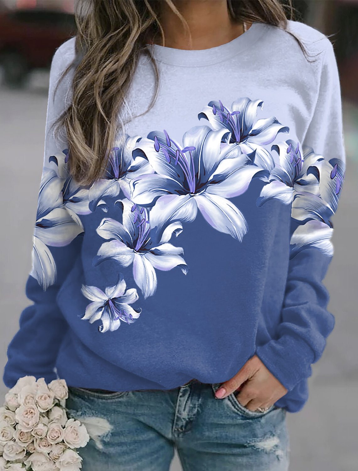Dame pullover, printet, sport, rund hals, lange ærmer