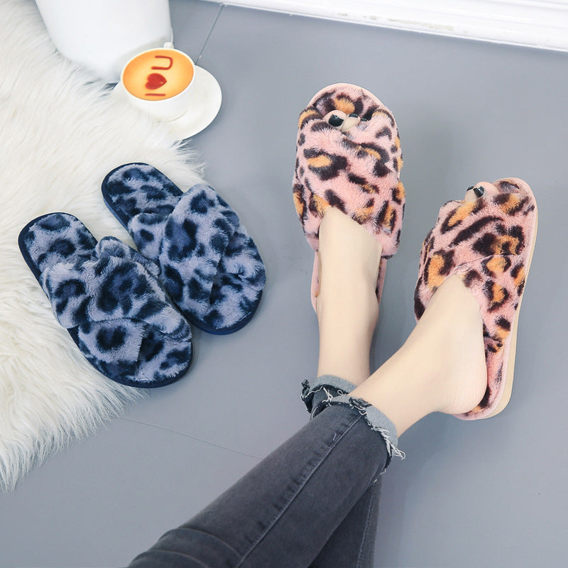 Leopard Print Cross Fluffy Slippers Female Home