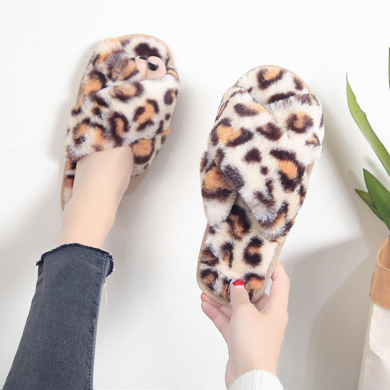 Leopard Print Cross Fluffy Slippers Female Home