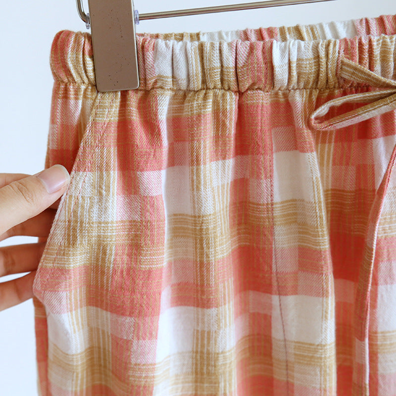 Women's Fashion Casual Cotton Plaid Gauze Trousers