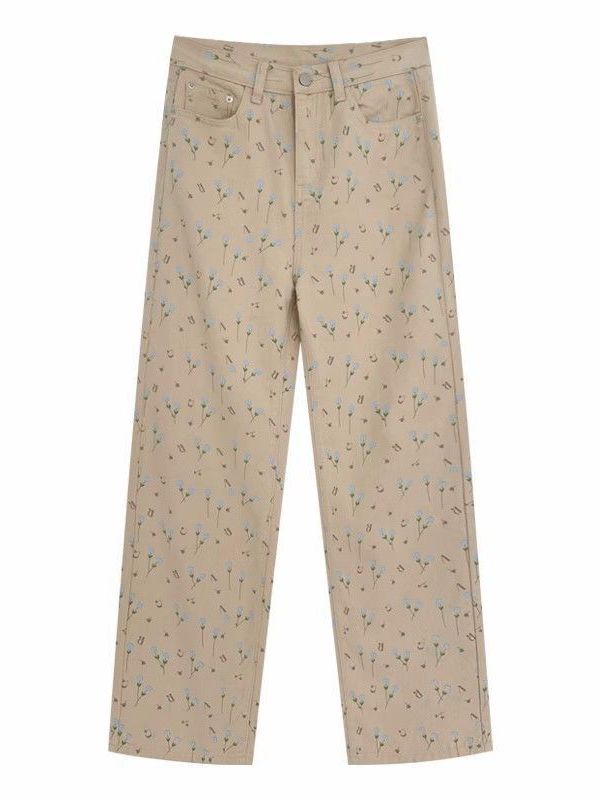 Apricot Floral Jeans Women Loose Wide-leg Straight Trousers