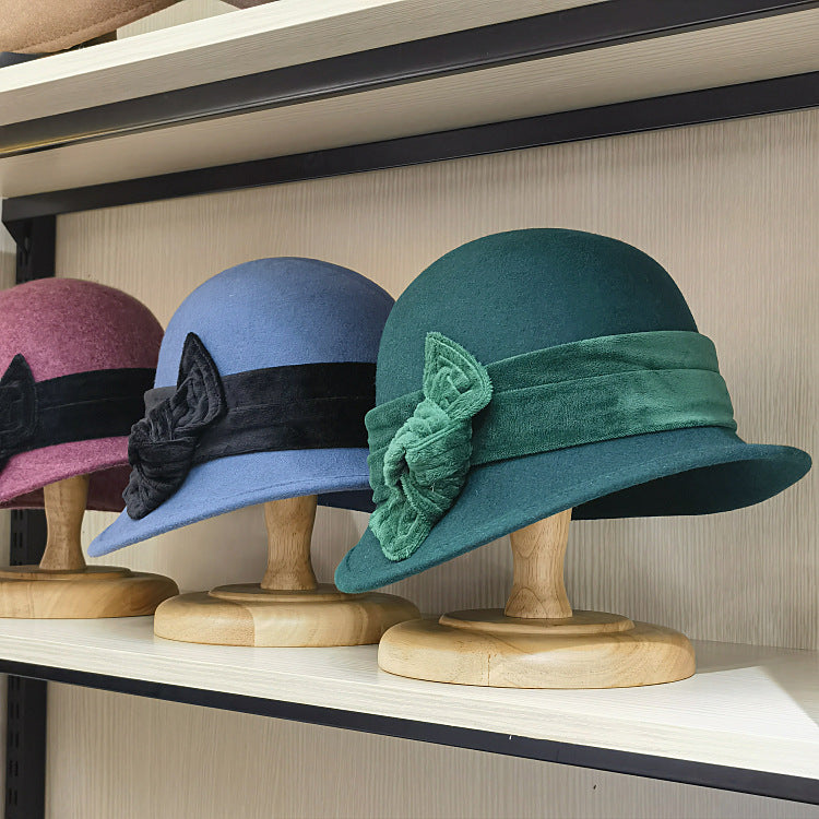 Autumn And Winter Woolen Velvet Bow Decoration Bucket Hat