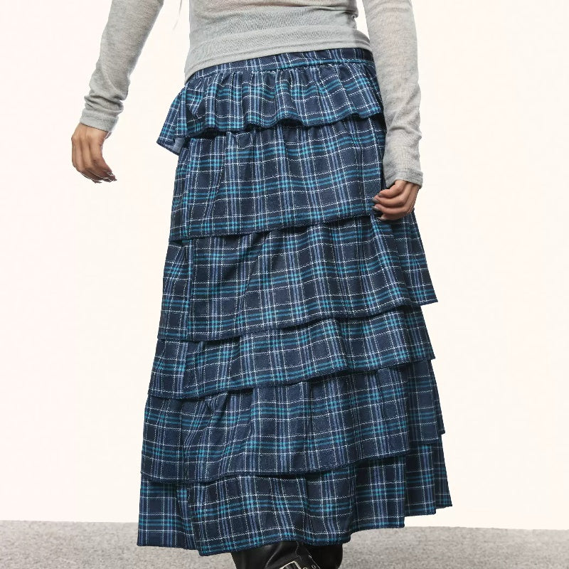 Retro Blue Plaid Cake Dress Women's Summer