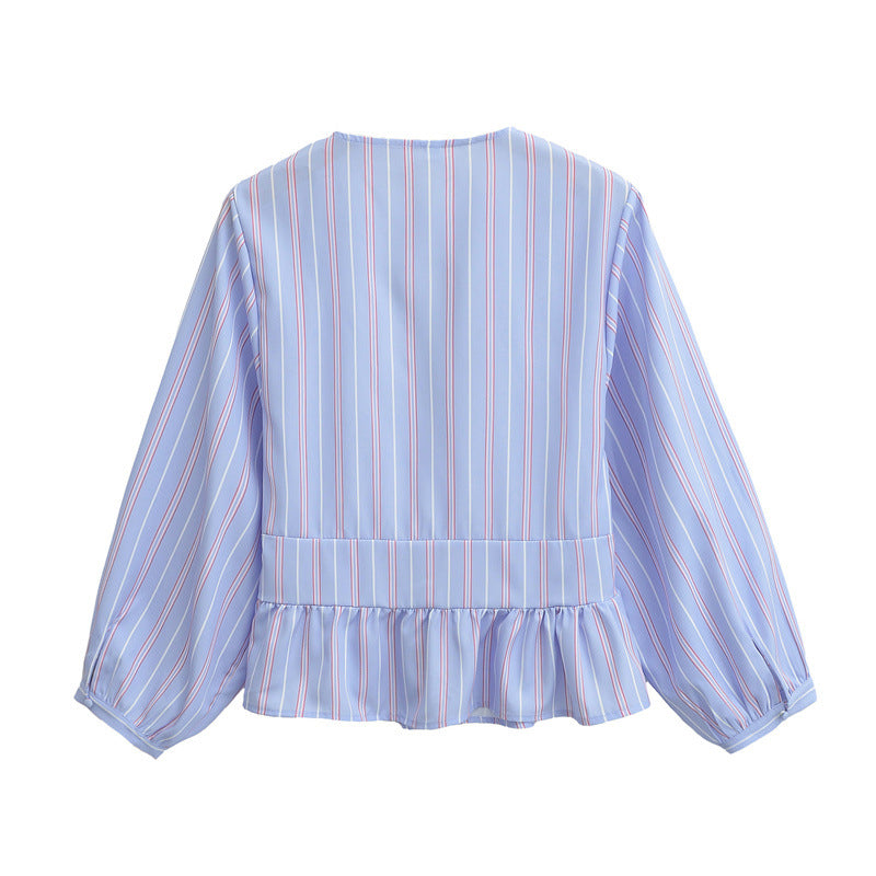 European And American Style French Fashion Design Bowknot Decoration Striped Shirt
