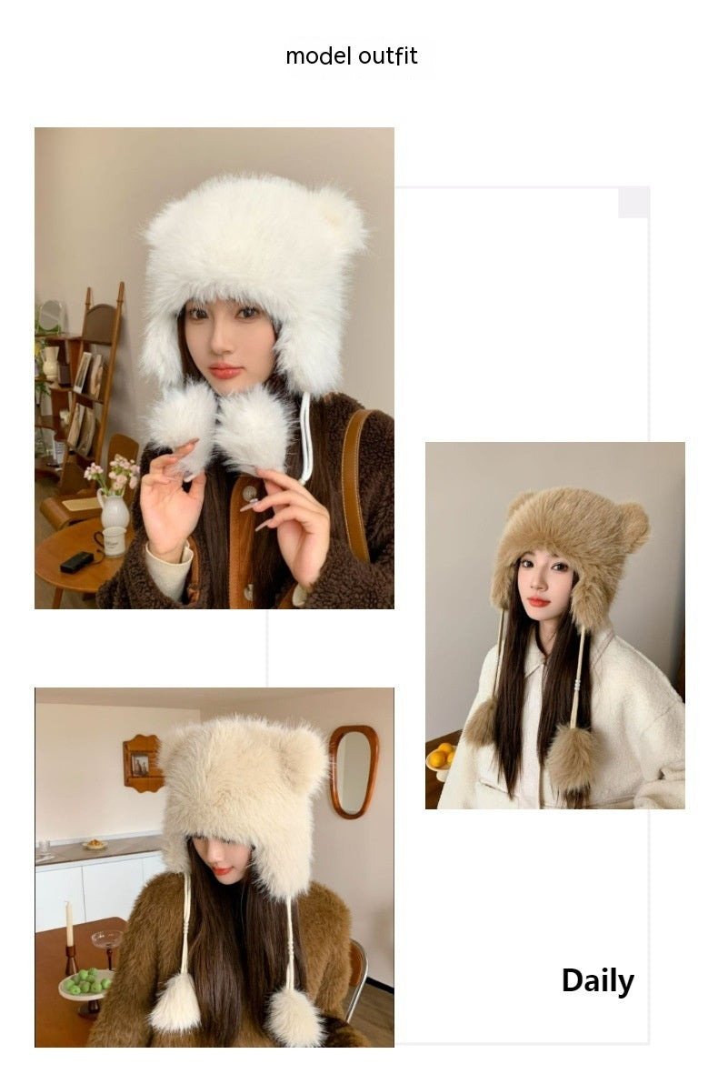 Winter Earflaps Thick Plush Women Cute Bear Ears Hanging Ball Thermal Head Cover Beanie Hat