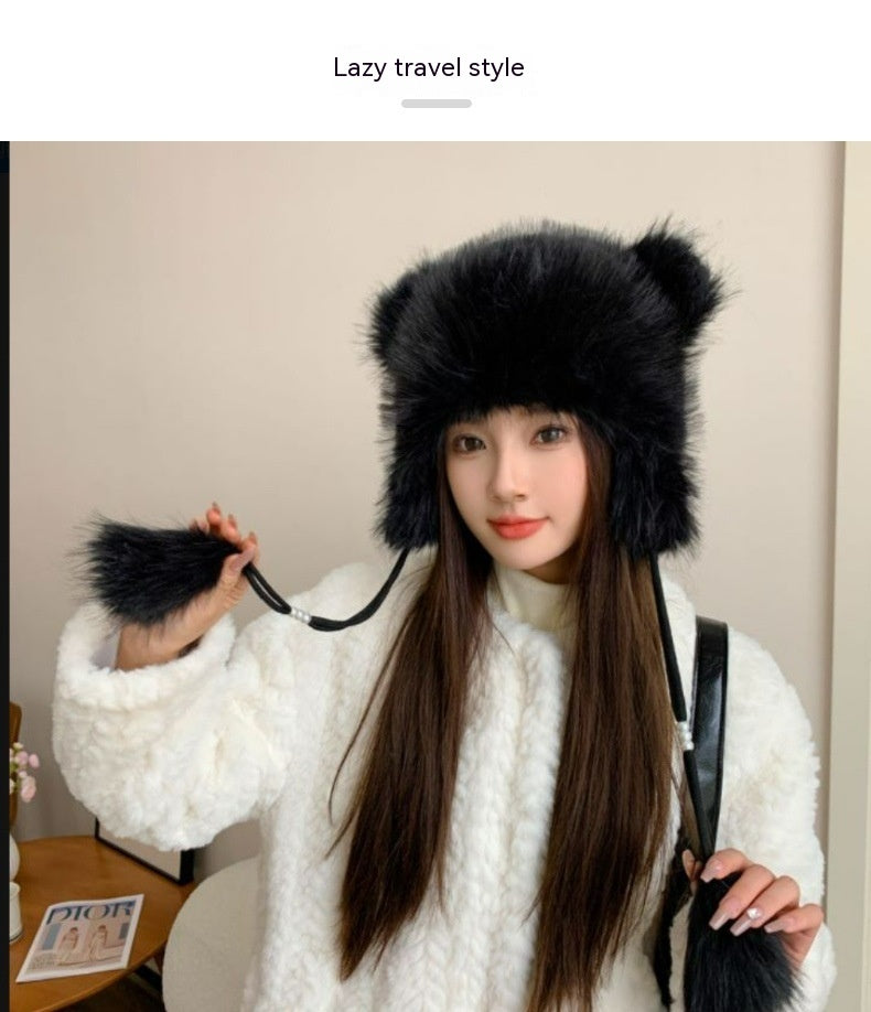 Winter Earflaps Thick Plush Women Cute Bear Ears Hanging Ball Thermal Head Cover Beanie Hat