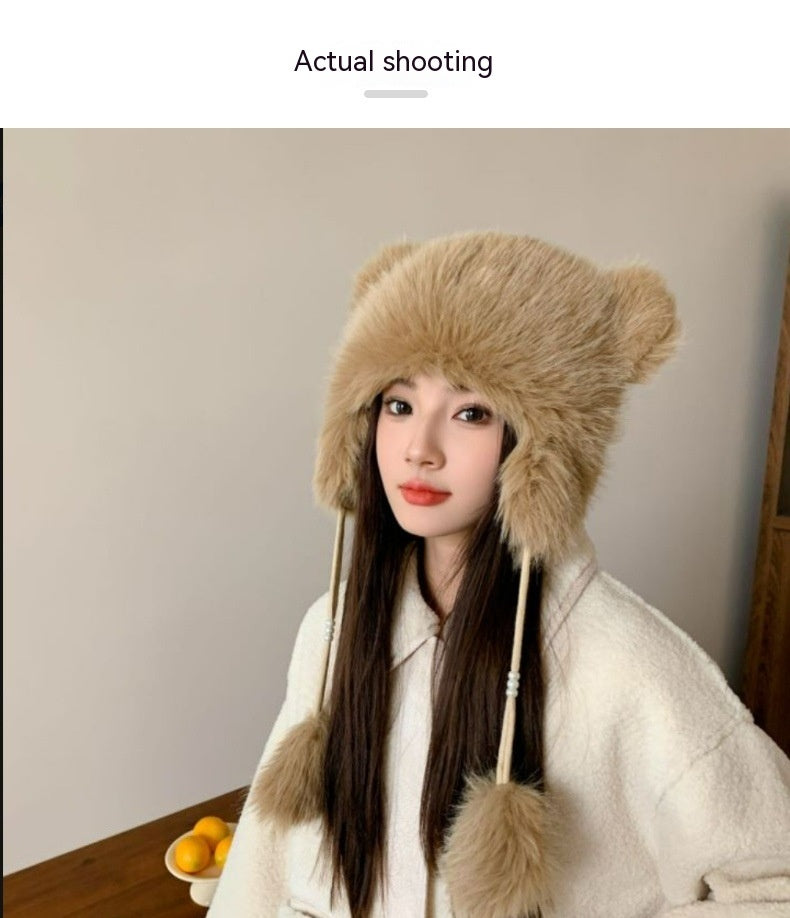 Winter Earflaps Thick Plush Women Cute Bear Ears Hanging Ball Thermal Head Cover Beanie Hat