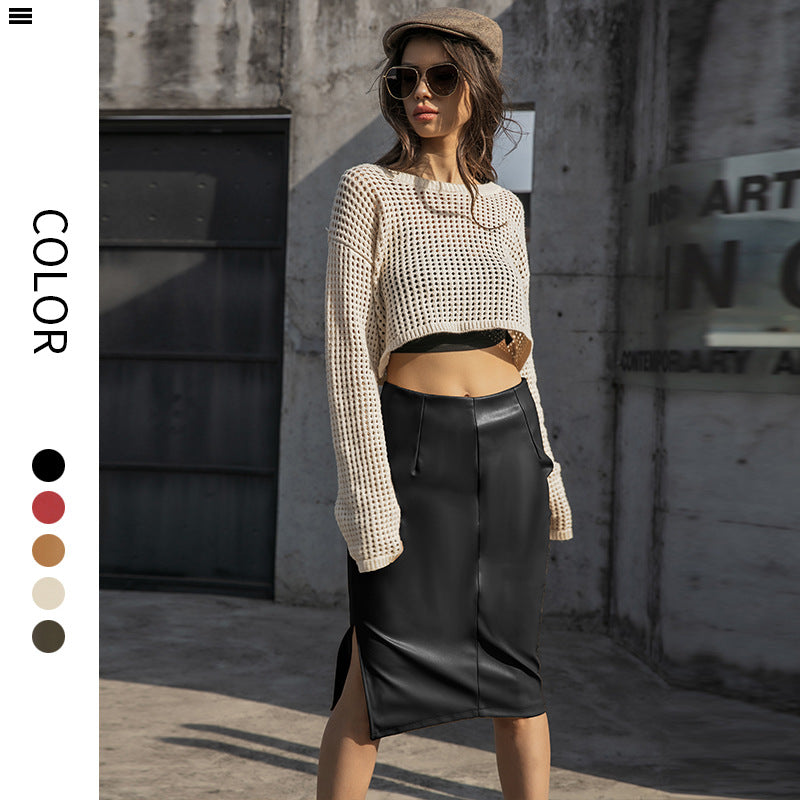 Russian Leather Midi Skirt PU Outer Belt Lining Side Zipper Back Zipper Design Sheath Women's Summer Side Slit Skirt