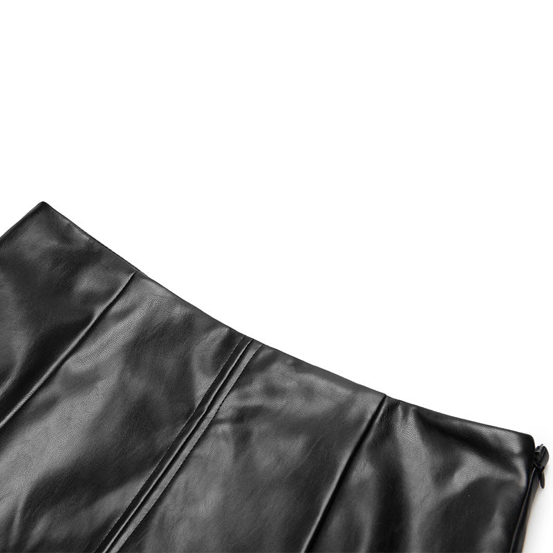 Russian Leather Midi Skirt PU Outer Belt Lining Side Zipper Back Zipper Design Sheath Women's Summer Side Slit Skirt