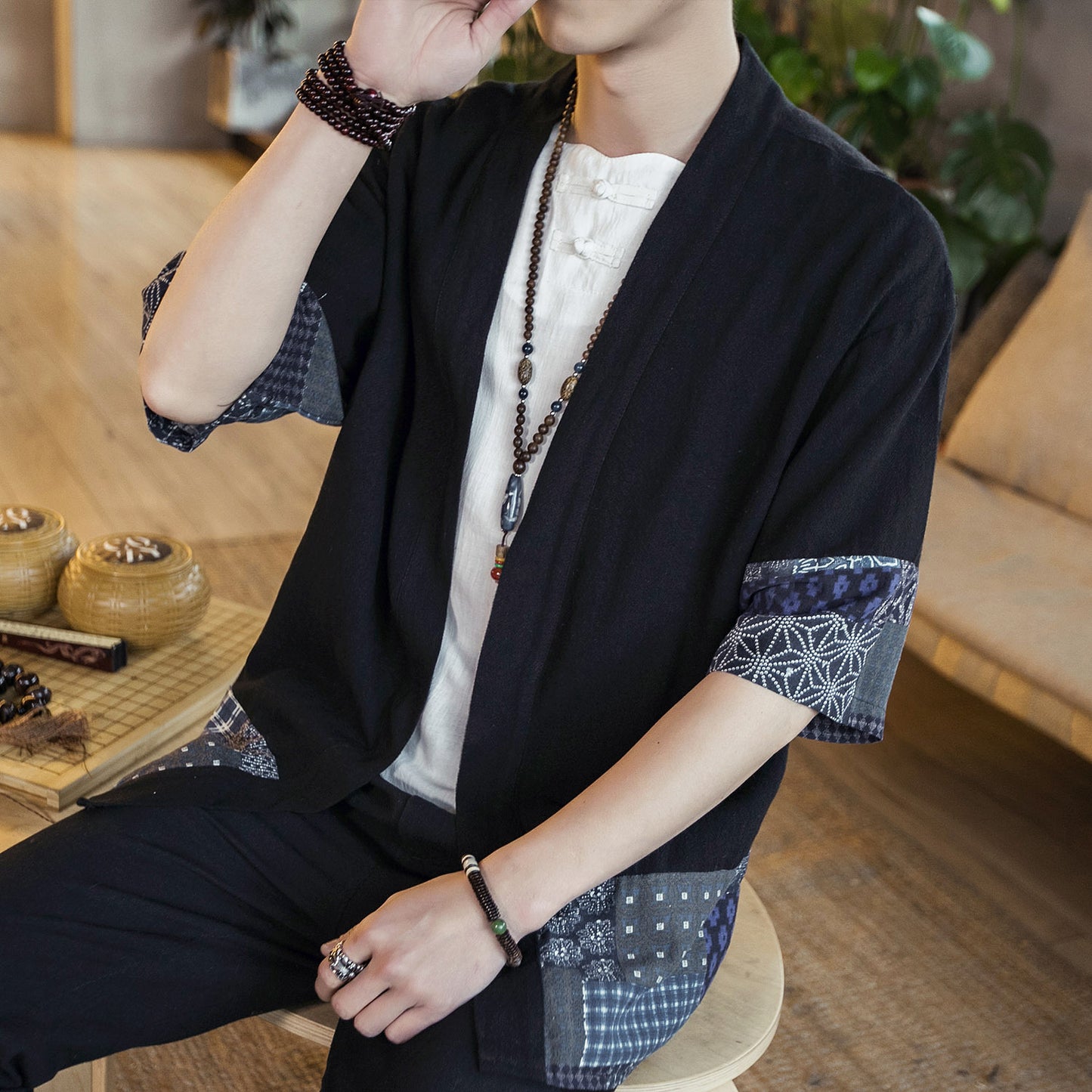 Men's cotton linen cardigan jacket cloak shirt